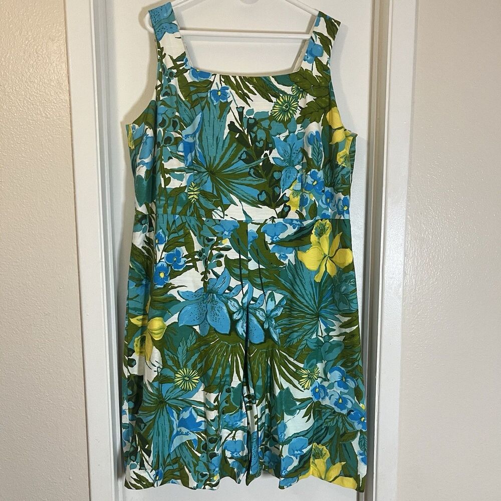 Talbots Sleeveless Dress Sz 20W Tropical Floral Resort Midi Lined Pockets